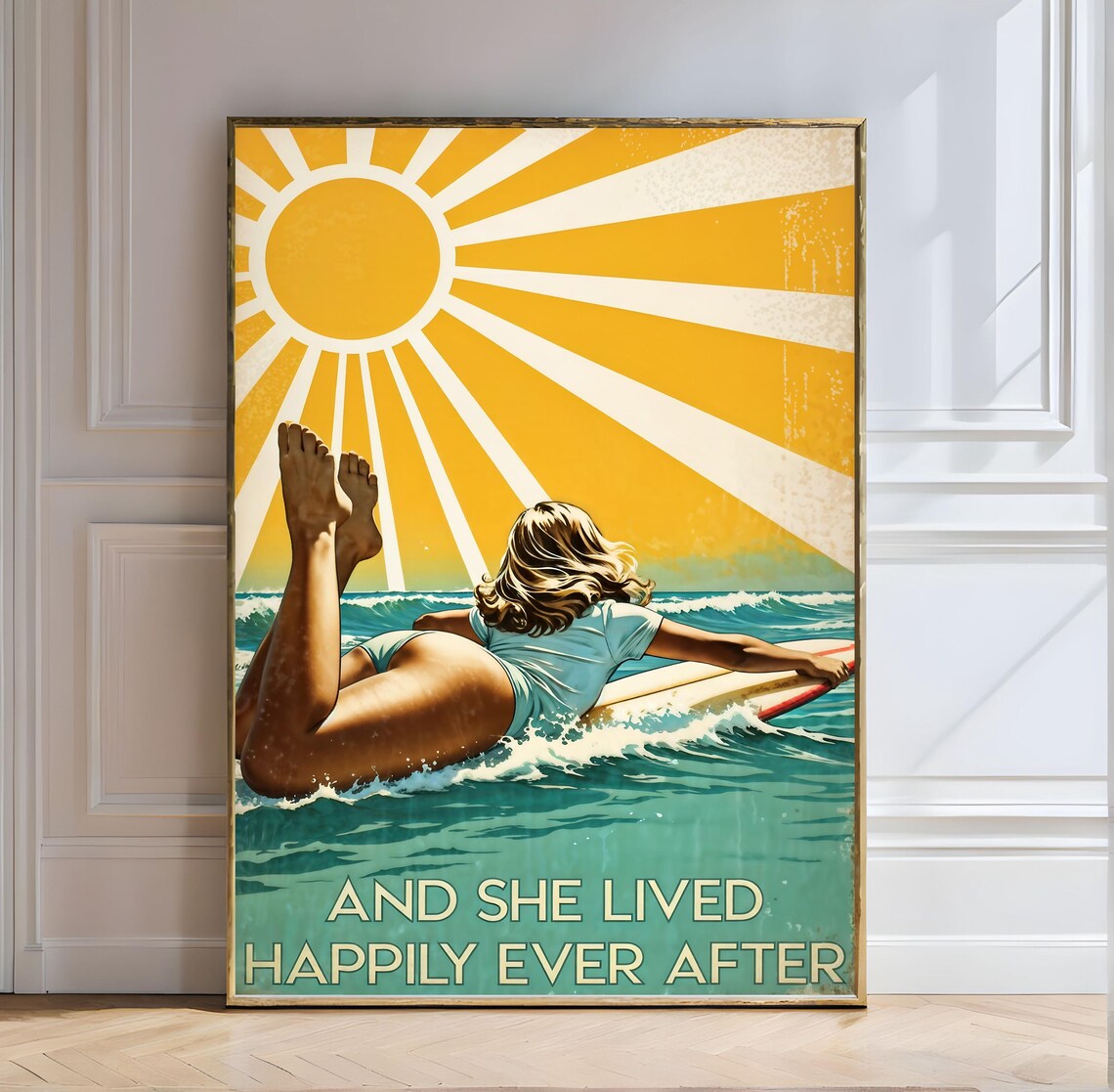 Surfing Girl Happily Ever After Vintage Sunburst Surf Art Poster