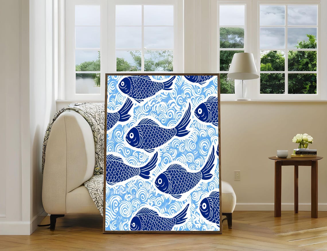 Blue Fish Swirling Waves Japanese Style Pattern Blue Art Poster - Image 3