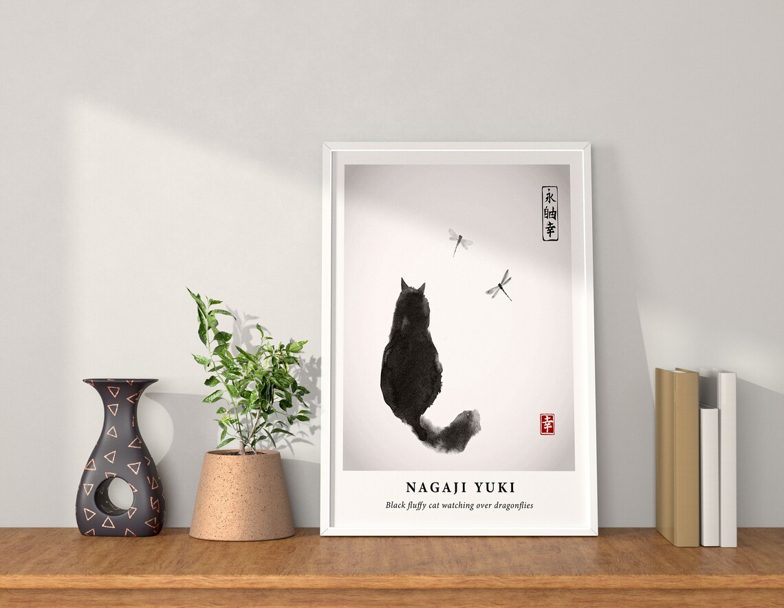 Black Ink Cat Watching Dragonflies Japanese Sumi-E Style Poster - Image 3