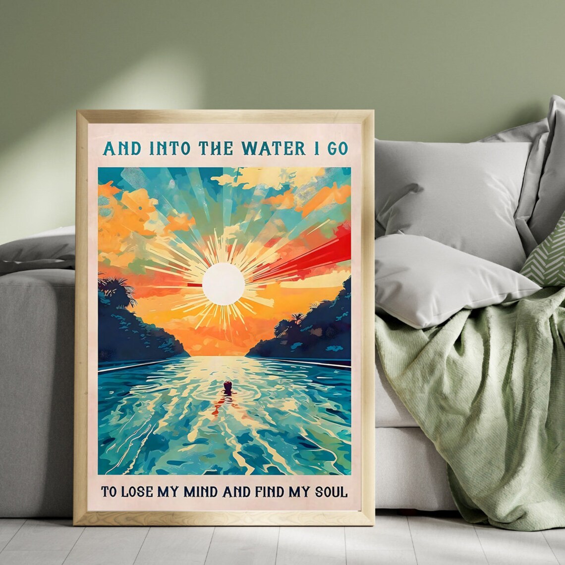 And Into the Water I Go Sunrise Swim Soul Quote Retro Art Poster - Image 5