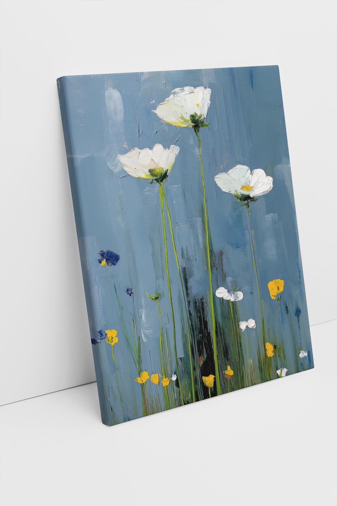 White Wildflowers On Blue Abstract Minimalist Floral Art Poster