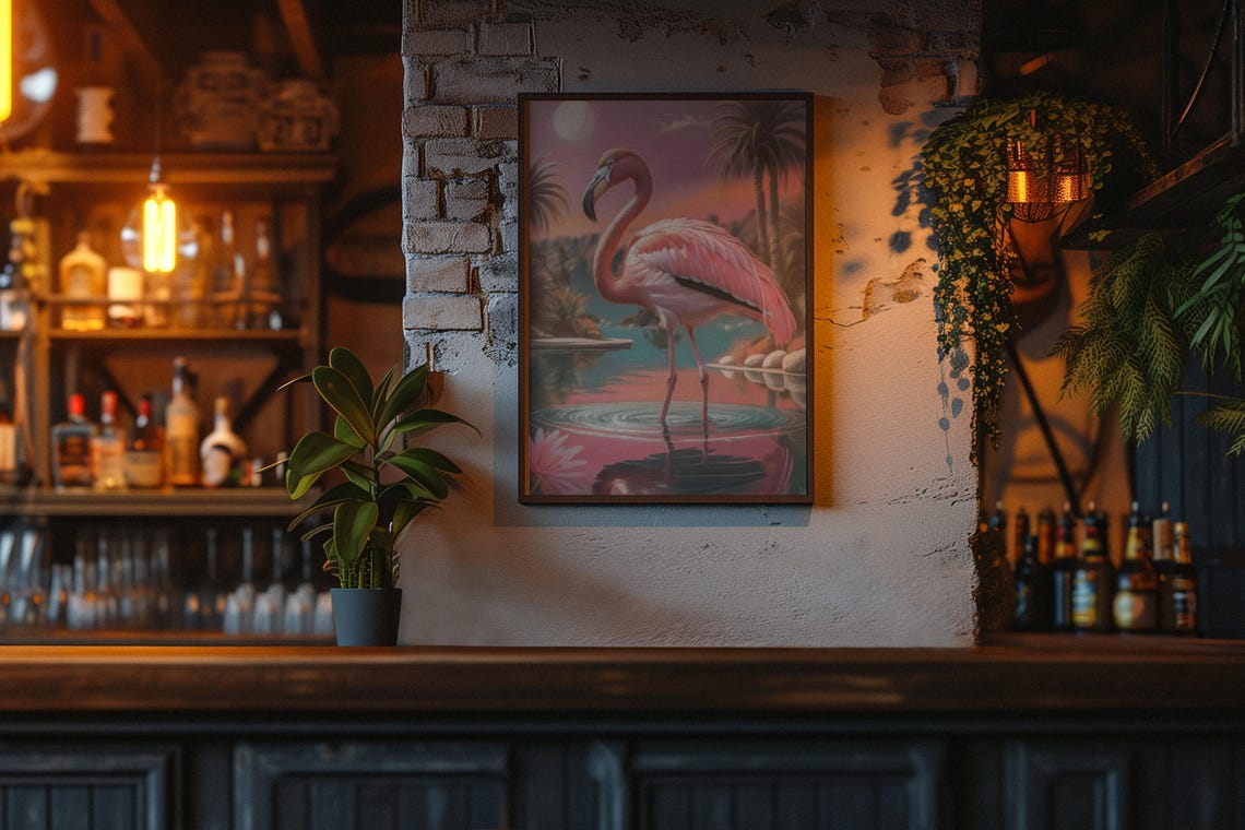 Pink Flamingo At Sunset Over Water Tropical Palm Trees Poster - Image 3