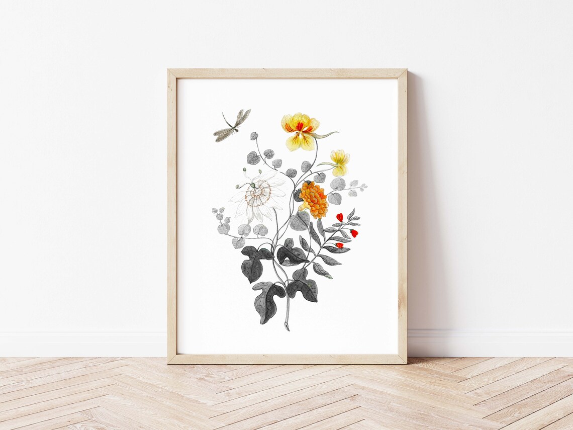 Vintage Botanical Flowers With Dragonfly Illustration Wall Poster - Image 3