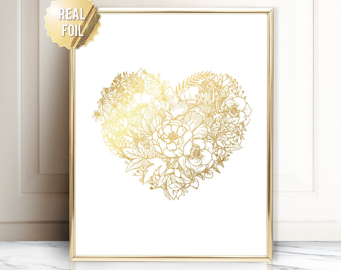 Gold Heart Foil Floral Art Print, Teen Glam Decor