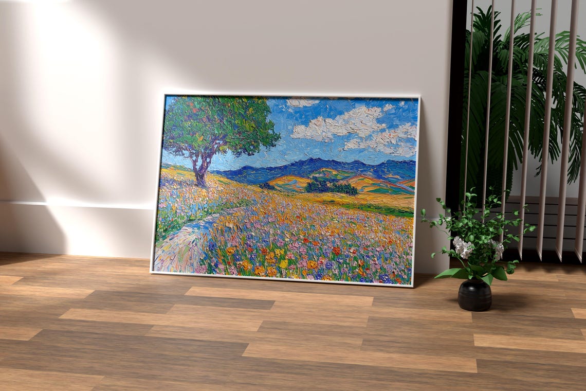 Wildflower Field With Tree and Hills Neo Impressionist Oil Poster - Image 2