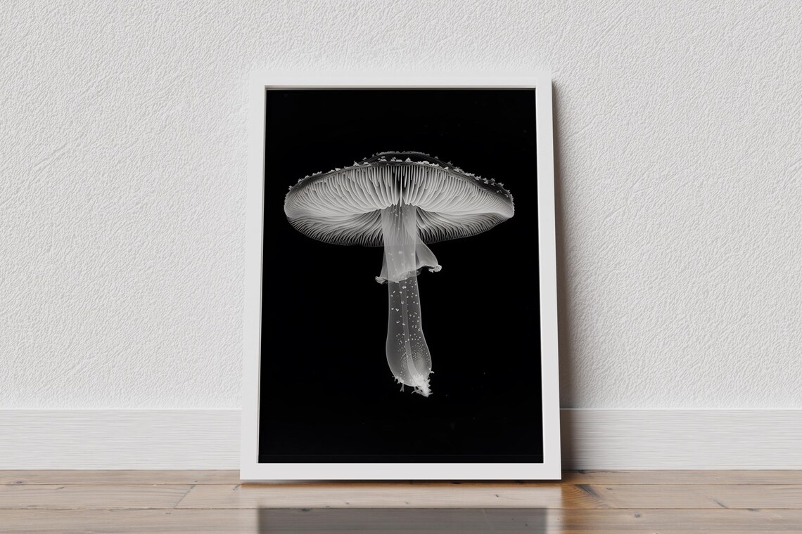 Black and White Mushroom Art Print, Modern Botanical Decor - Image 2