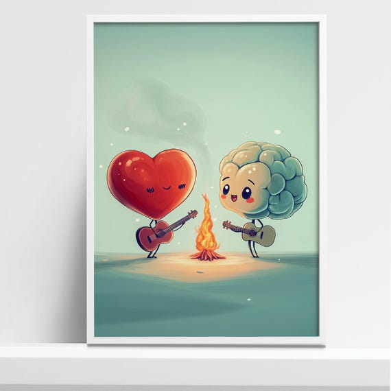 Heart And Brain Playing Guitar By Campfire Cute And Whimsical Art Print