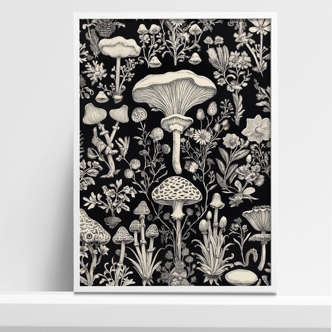 Botanical Mushroom and Wildflower Illustration on Black Poster