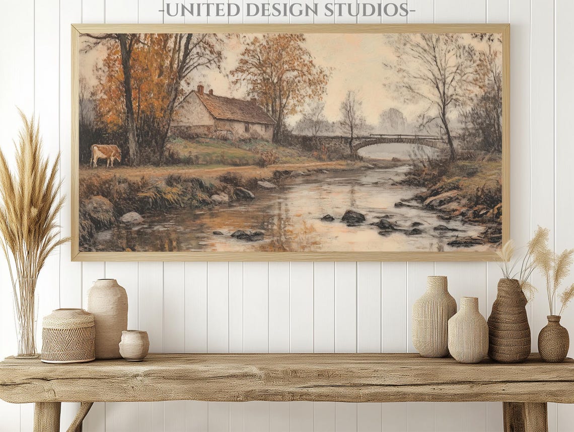 Rustic Cottage River Stone Bridge Cow Autumn Countryside Farm Poster - Image 2