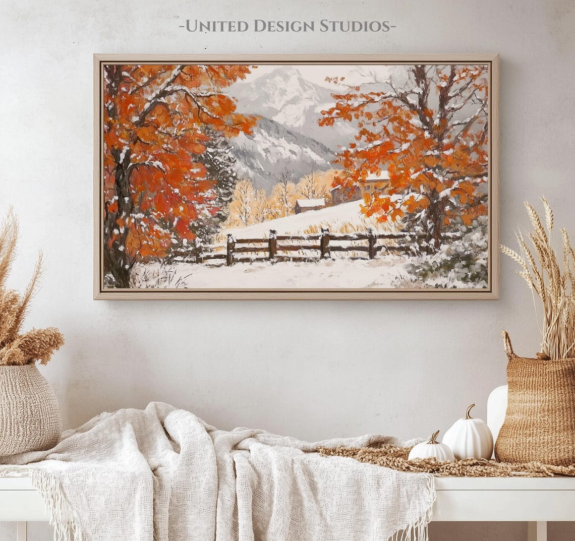 Snowy Mountains Orange Autumn Trees Wooden Fence Winter Scene Poster - Image 4