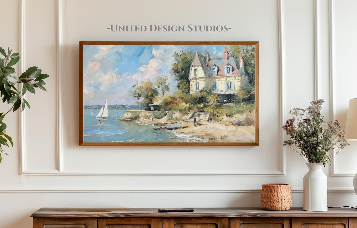 European Seaside Villa Sailboats Sandy Cove Blue Sky Impressionist Poster - Image 4