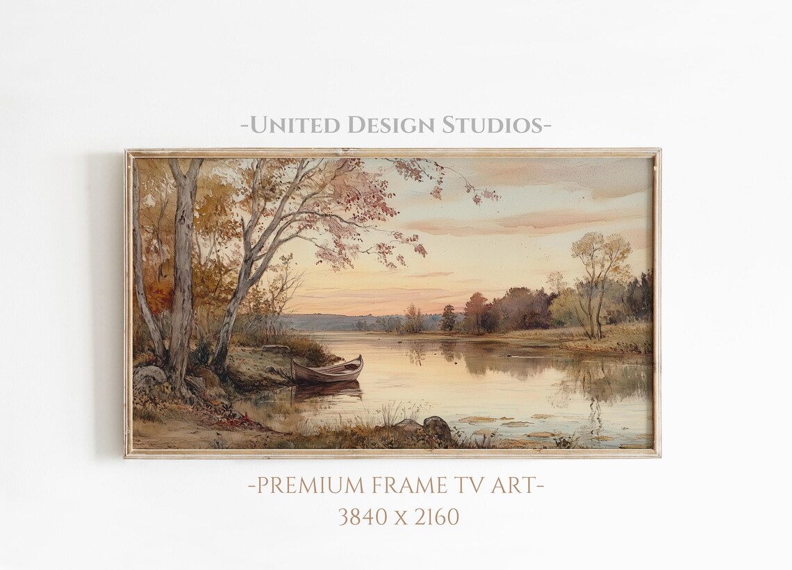 Autumn Lake Sunset With Lone Canoe Watercolor Landscape Wall Art