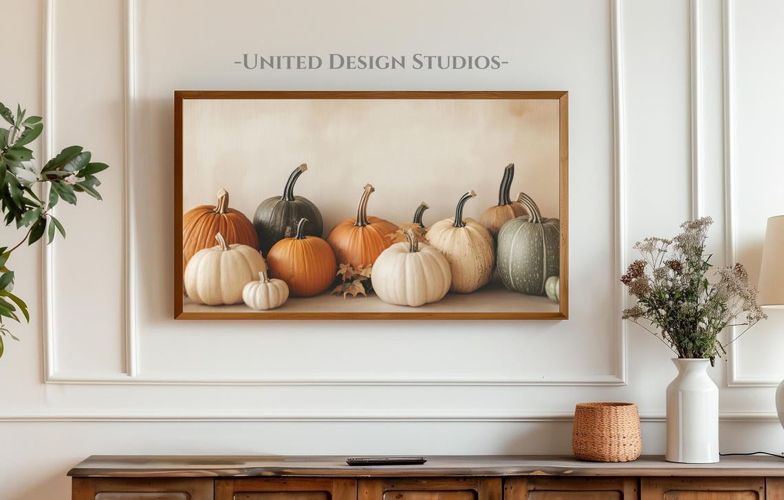 Neutral Pumpkins Still Life White Orange Green Fall Harvest Poster - Image 3