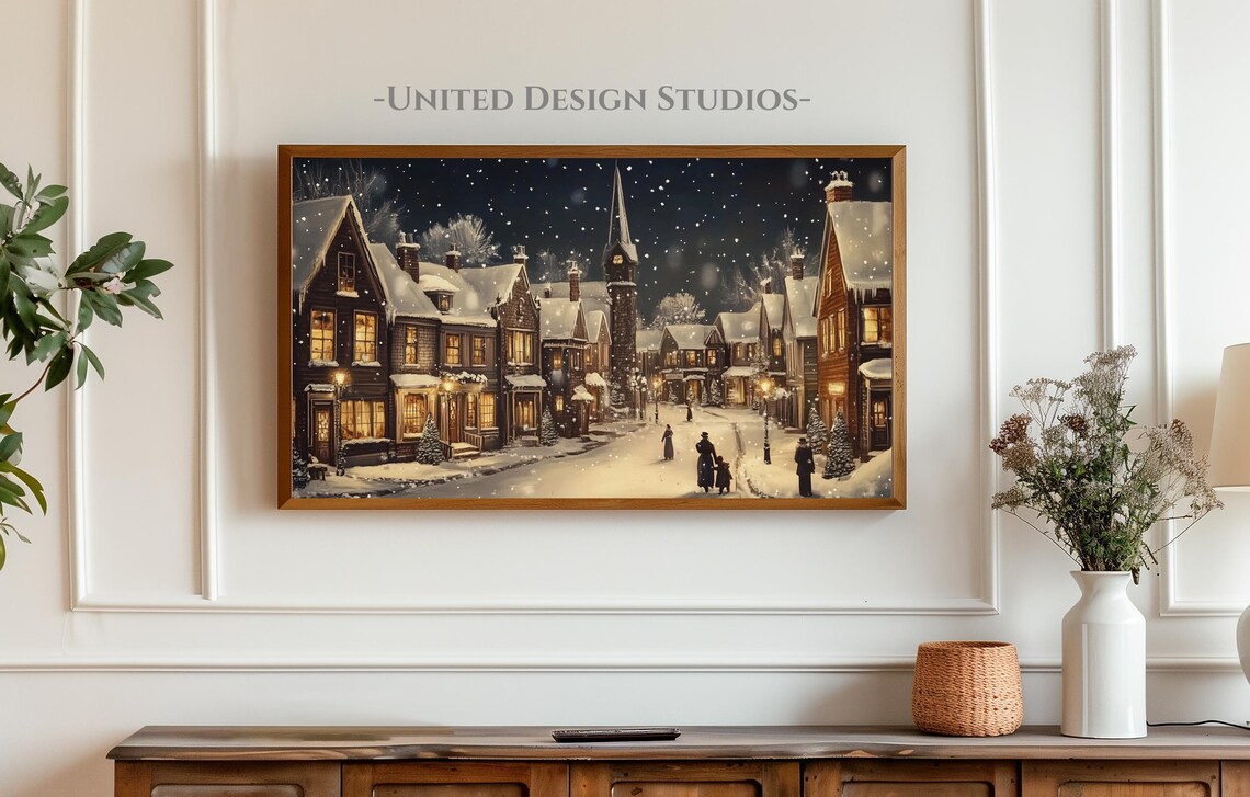 Christmas Village At Night Snowy Town Lights Holiday Wall Art - Image 4