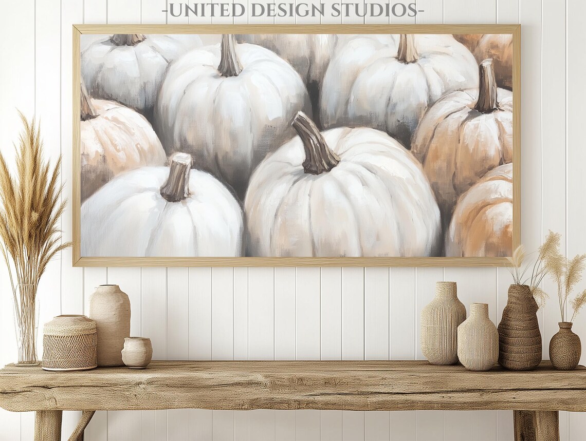 Cream White Pumpkins Harvest Still Life Neutral Fall Frame TV Art Poster - Image 2