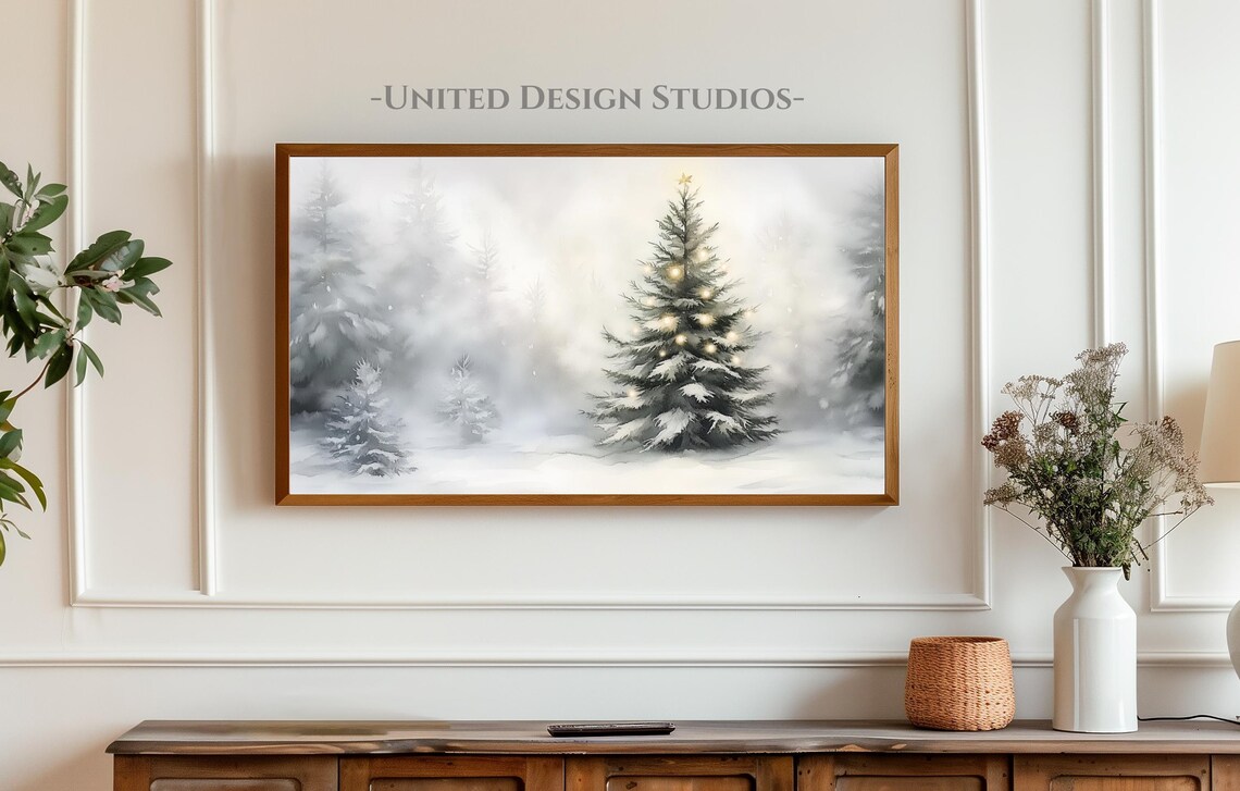Neutral Christmas Tree Snow Forest Glowing Lights Winter Wall Art - Image 3