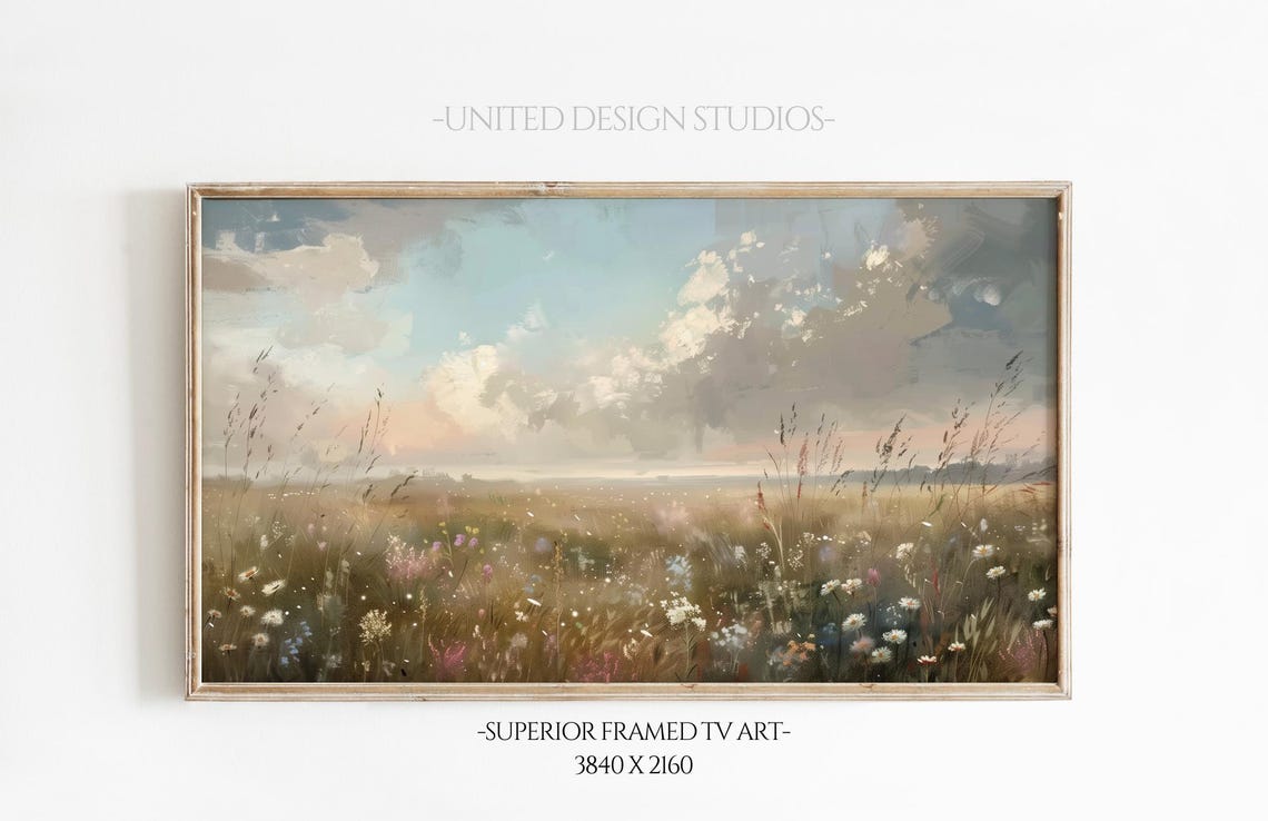 Spring Flower Field Cloudy Pastel Sky Impressionist Art Poster