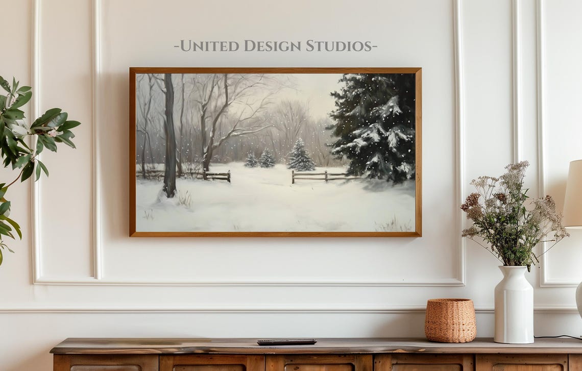Frame Tv Winter Art Neutral Winter Christmas Country Landscape Painting Frame Tv Art Farmhouse Winter Christmas Landscape Tv Art - Image 3