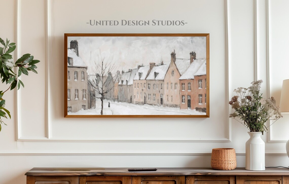 Neutral Winter Village Snowy Street Vintage Painting Art Print - Image 3