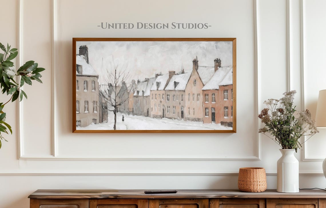 Winter Frame Tv Art Neutral Oil Painting Of Winter Christmas Village Frame Tv Art Farmhouse Winter Christmas Tv Art Holiday Frame Tv Art - Image 3