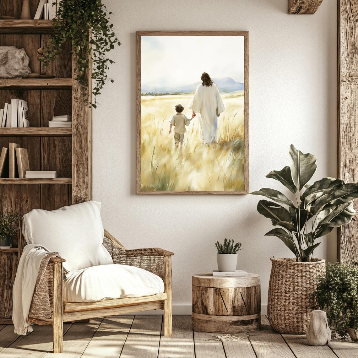Jesus Walking With Child Golden Wheat Field Tender Christian Art Poster - Image 2