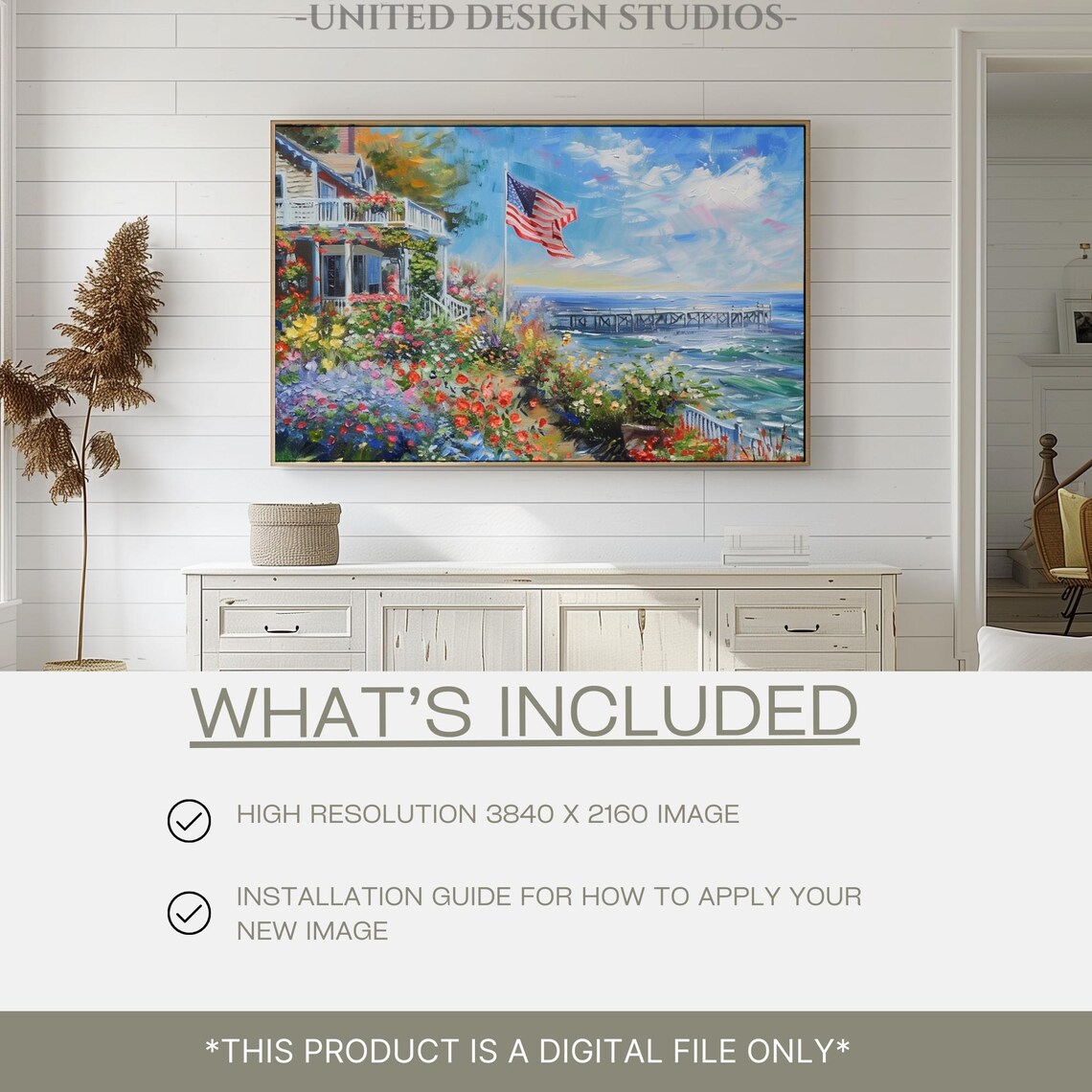 American Flag Coastal Cottage Flower Garden Ocean Pier Bright Summer Poster - Image 2