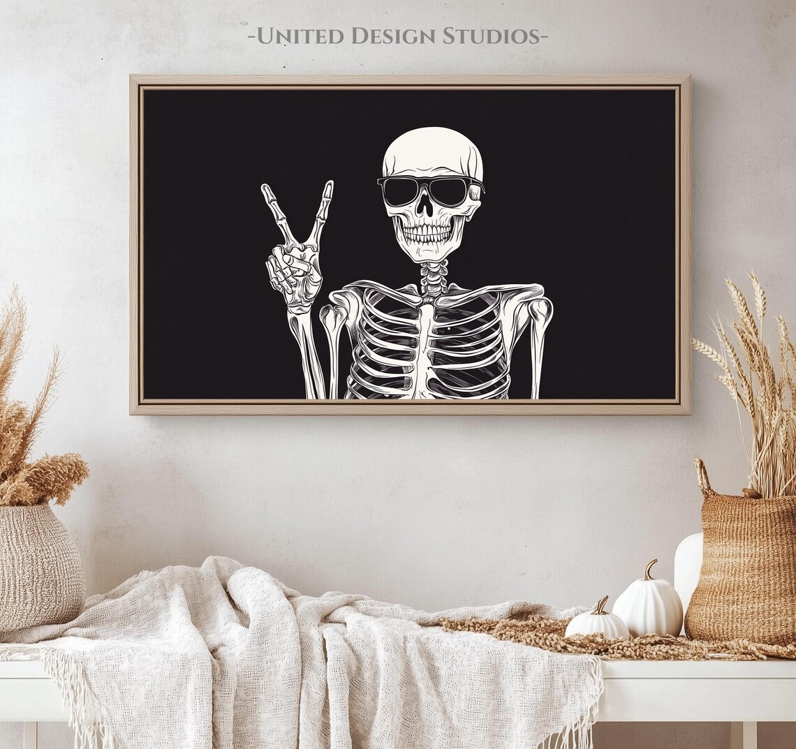 Funny Skeleton Sunglasses Peace Sign Black Halloween Modern Poster - Image 4