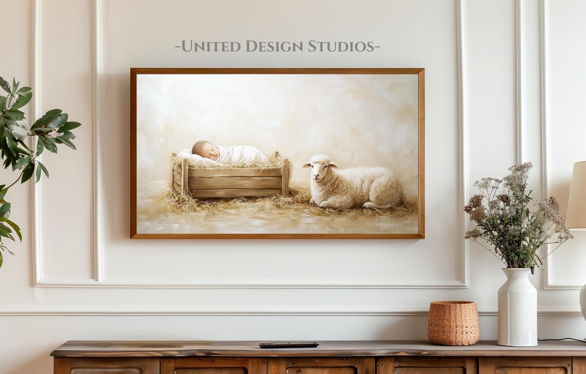 Baby Jesus Wooden Manger Lamb Neutral Christmas Nativity Poster - Image 3