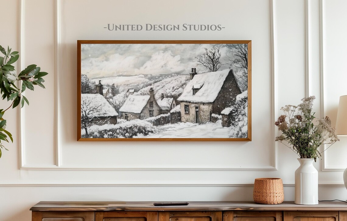 Winter Village Cottages Snow Roofs Rustic Christmas Town Poster - Image 3