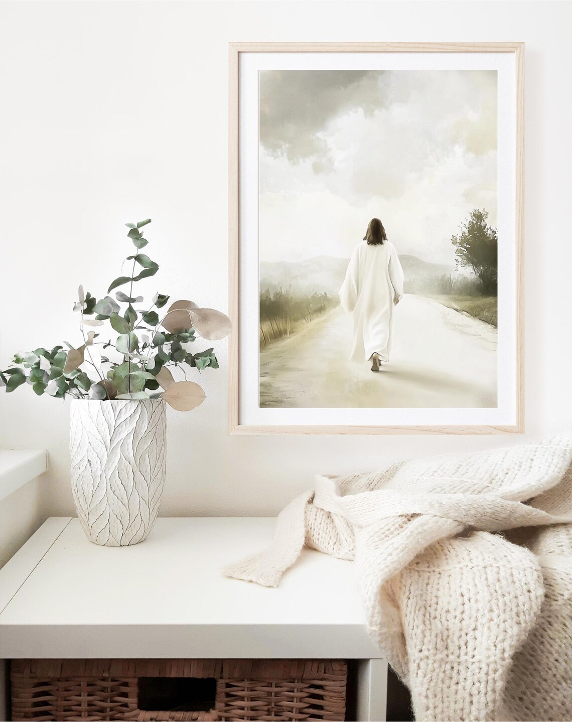 Jesus Walking Misty Country Road White Robe Soft Christian Watercolor Poster - Image 4