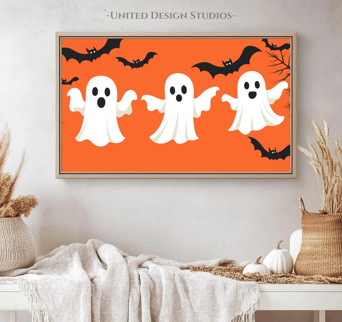 Three Cute White Ghosts Bats Bright Orange Kids Halloween Party Poster - Image 4