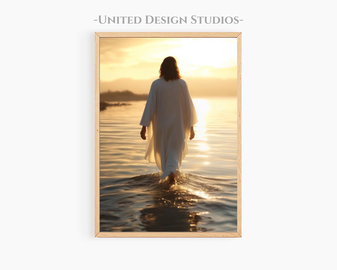 Jesus Walking On Water Sunrise Golden Light Christian Faith Art Poster