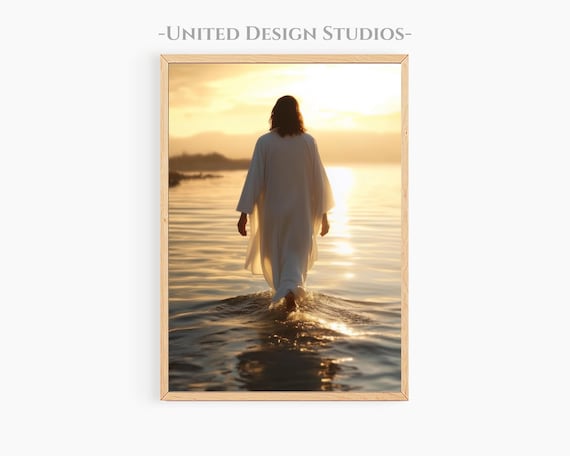 Jesus Walking On Water Sunrise Golden Light Christian Faith Art Poster