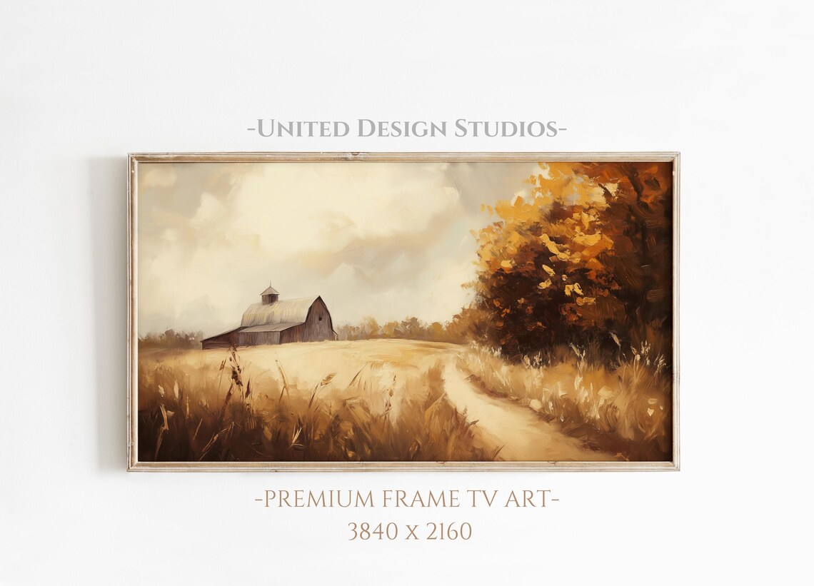 Old Barn Golden Wheat Field Autumn Farm Landscape Painting Poster