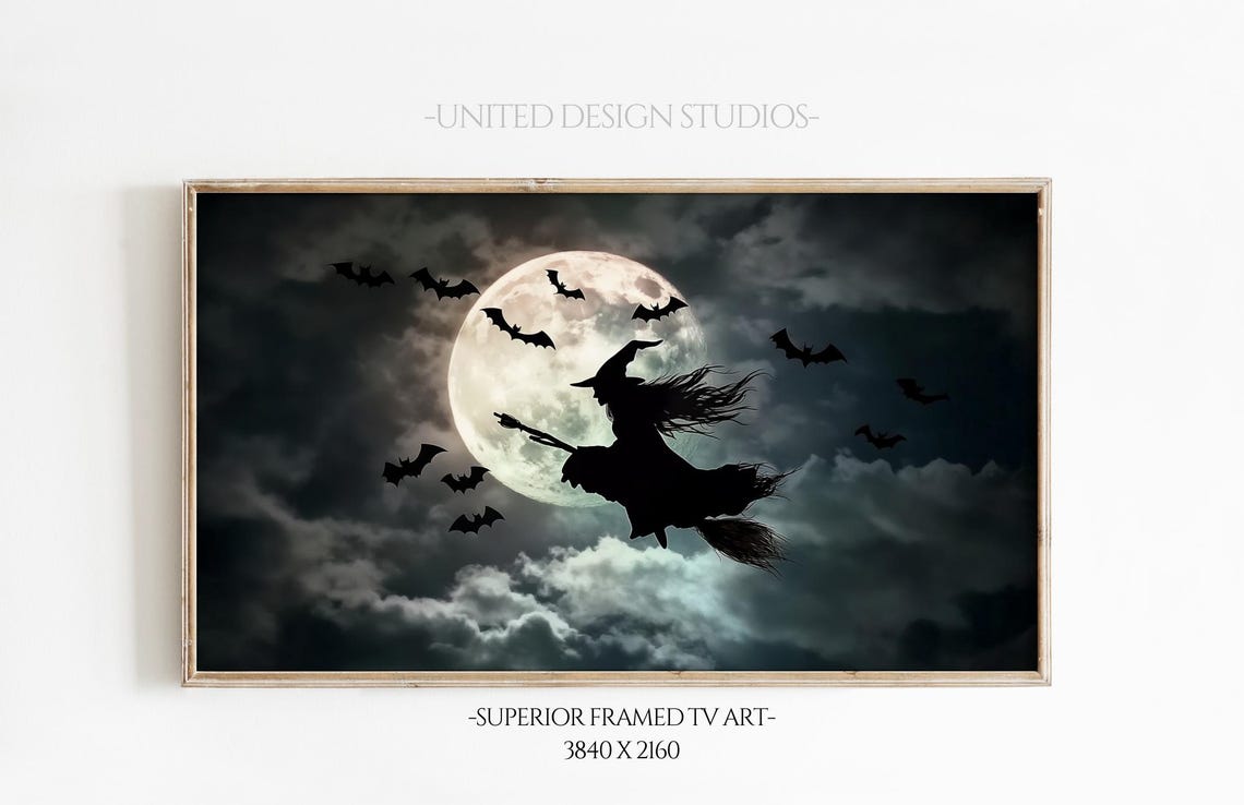 Witch Flying Full Moon Bats Night Sky Spooky Halloween Wall Art