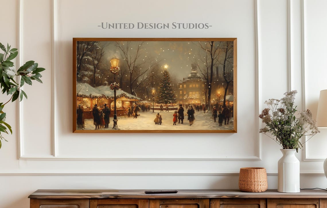 Christmas Frame Tv Art Winter Christmas Village Tv Art Neutral Painting Of Holiday Market Frame Tv Art Frame Tv Art Christmas - Image 3