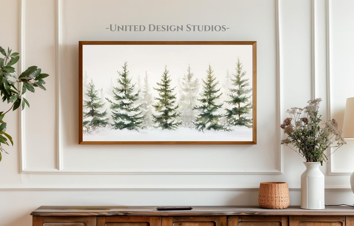 Winter Frame Tv Art Neutral Winter Landscape Watercolor Painting Frame Tv Art Farmhouse Winter Tv Art Holiday Frame Tv Art - Image 3