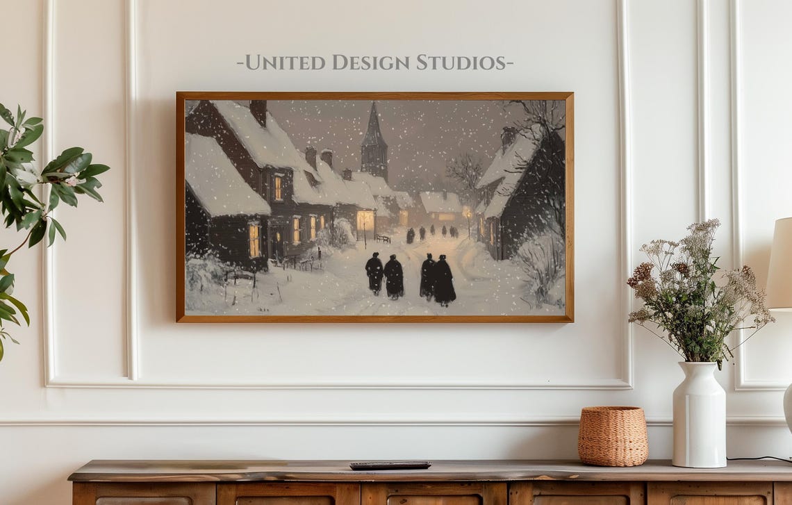 Frame Tv Winter Art Painting Of Classic Moody Winter Town Frame Tv Art Holiday Frame Tv Art Farmhouse Winter Village Frame Tv Art - Image 3