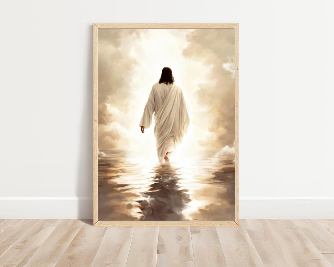 Jesus Walking On Water Golden Heavenly Clouds Glow Christian Art Poster - Image 4