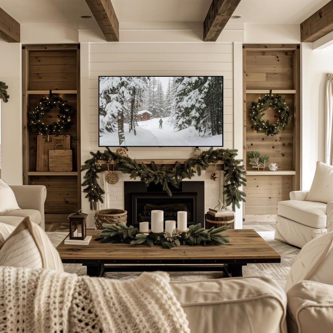 Frame Tv Winter Art Painting Of Skier In Winter Forest Frame Tv Art Farmhouse Winter Mountain Frame Tv Art Christmas Frame Tv Art - Image 4