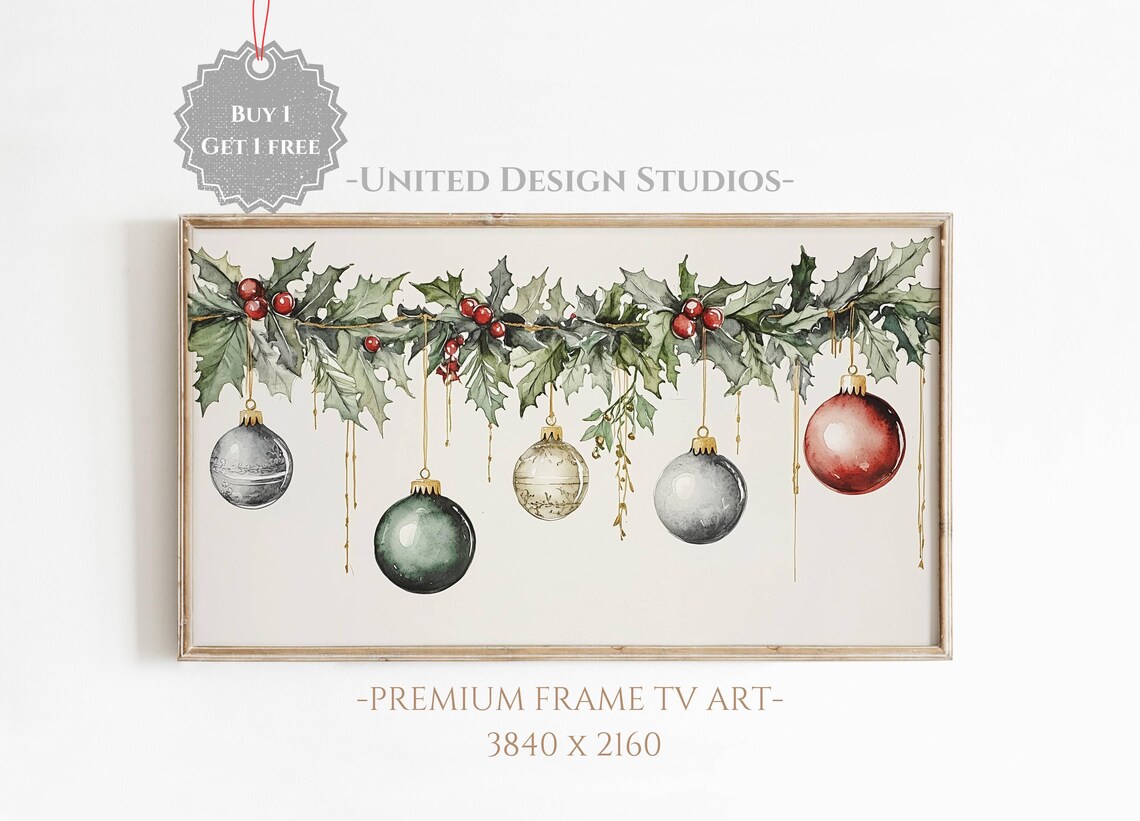 Christmas Holly Garland Hanging Ornaments Watercolor Holiday Poster
