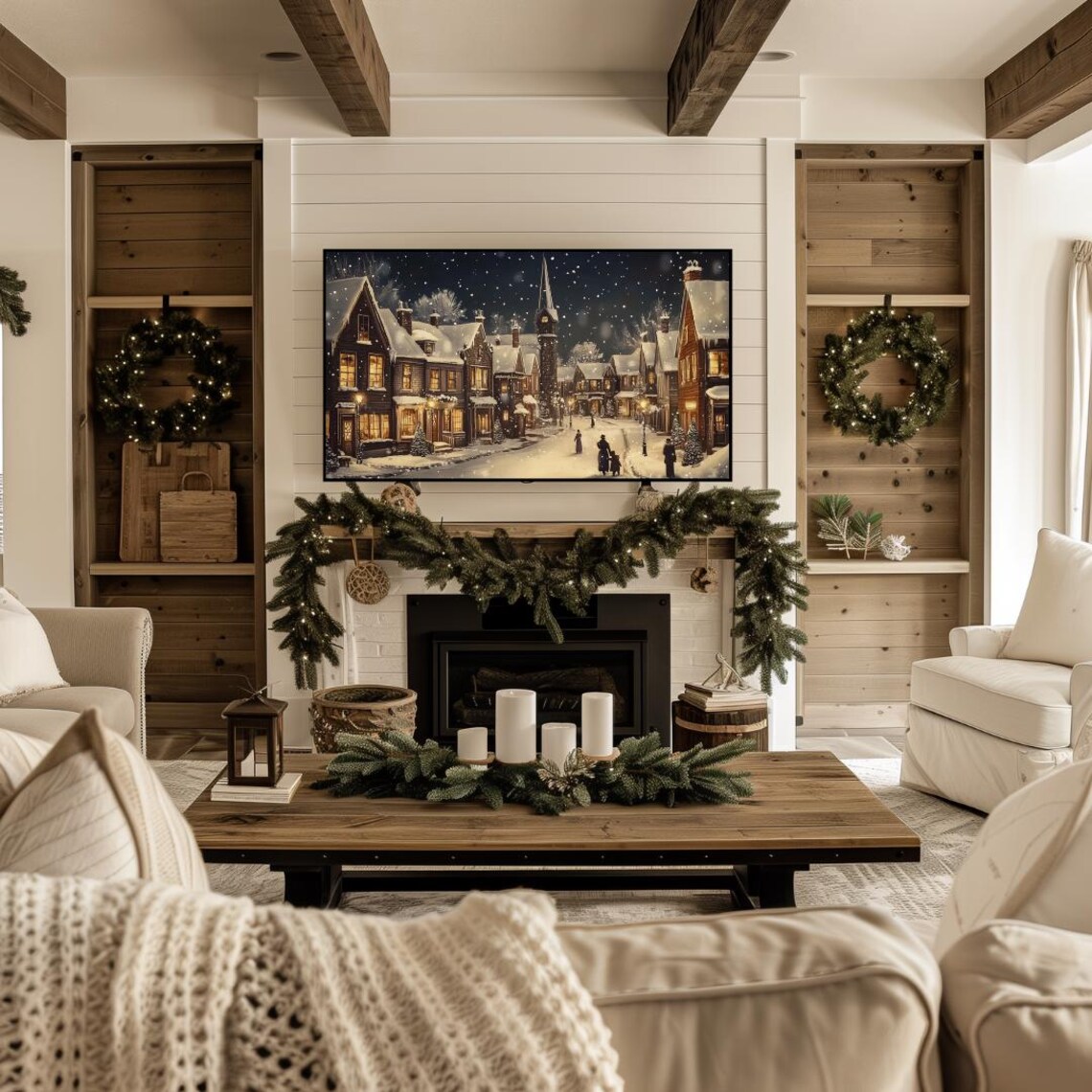 Christmas Winter Village Frame Tv Art Winter Night Frame Tv Art Neutral Holiday Winter Town Landscape Painting Christmas Frame Tv Art - Image 5
