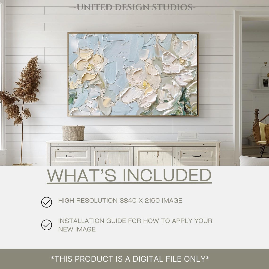 Abstract White Flowers Impasto Texture Blue Cream Art Poster - Image 2