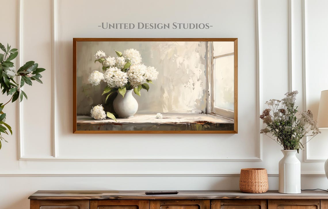 White Hydrangeas Vase Window Light Rustic Floral Still Life Poster - Image 4