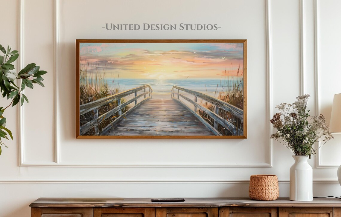 Wooden Boardwalk To Ocean Golden Sunset Beach Dunes Seagulls Painting Poster - Image 4