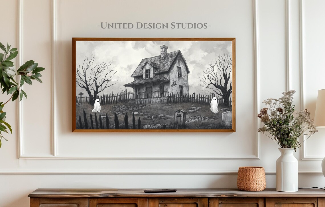 Haunted House Ghosts Gray Spooky Halloween Vintage Style Poster - Image 3