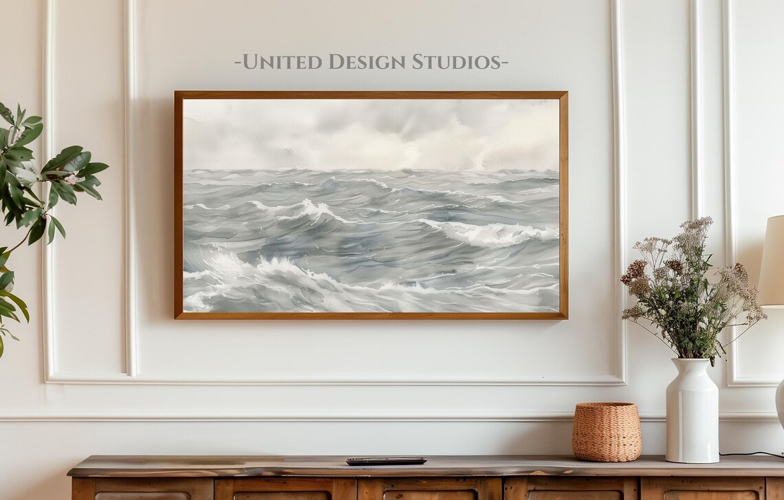 Gray Ocean Waves Painting Moody Seascape Minimalist Stormy Sea Wall Art Poster - Image 4
