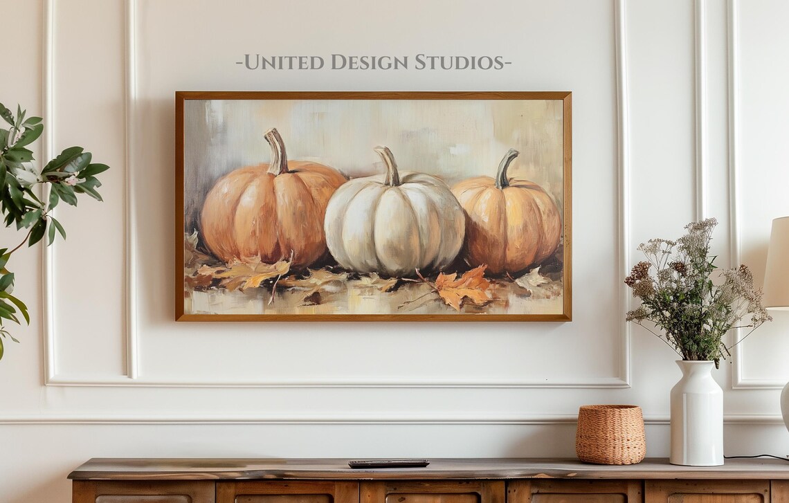Orange And White Pumpkins Fall Harvest Still Life Painting Wall Art - Image 4
