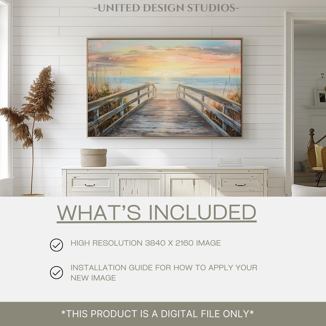 Wooden Boardwalk To Ocean Golden Sunset Beach Dunes Seagulls Painting Poster - Image 2