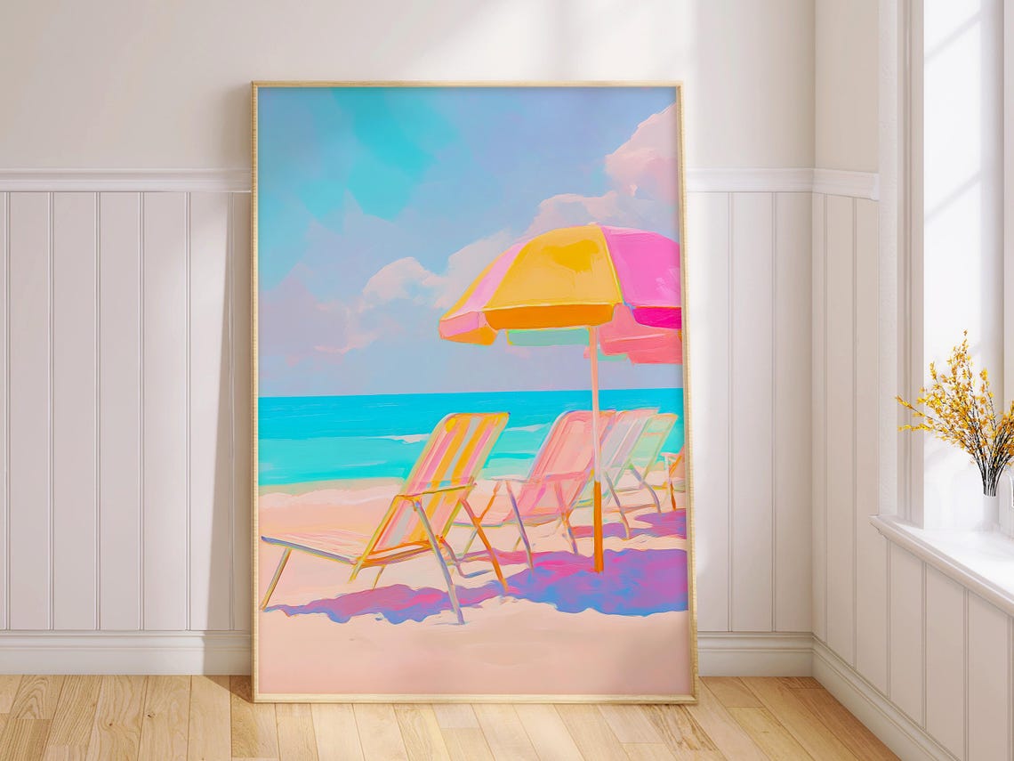 Colorful Beach Umbrellas and Lounge Chairs Turquoise Ocean Wall Art - Image 2